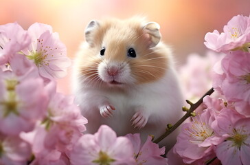 hamster sitting atop a pink flower in the style. Generative AI