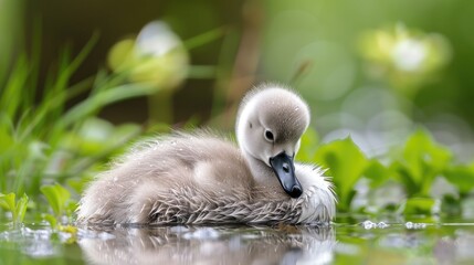 Young swans are initially born with gray feathers and black bills but their plumage transitions to brown over the initial half year before they gain the ability to take flight