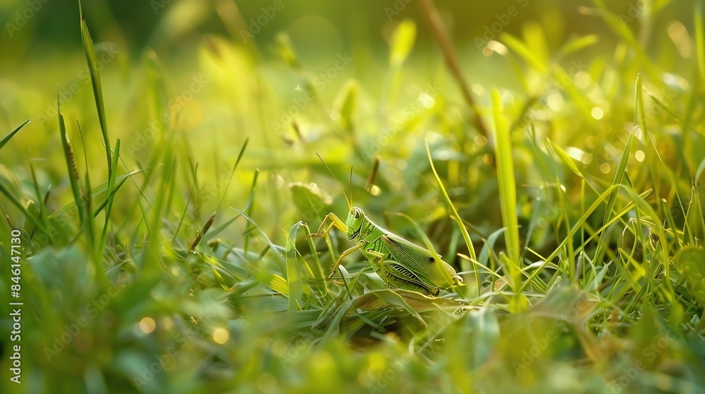 Poster green grasshopper in the grass insect in nature : generative ai