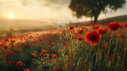 Fototapeta premium Landscape of a wonderful Red poppies flower field Nature concept : Generative AI