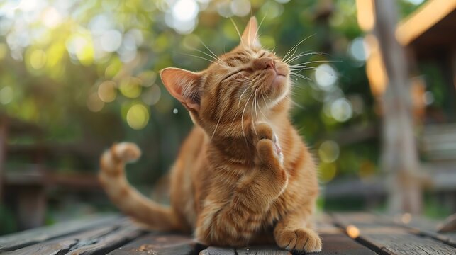 Flea cat itching its neck with paw on porch in outdoors : Generative AI