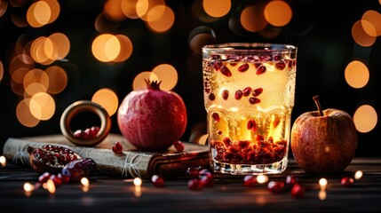 Tallit, shofar (horn), apple, pomegranate, dates and Torah. Rosh Hashanah (jewish holiday) concept XF  