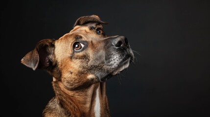 Studio portrait of a comical mixed breed dog on a black backdrop
