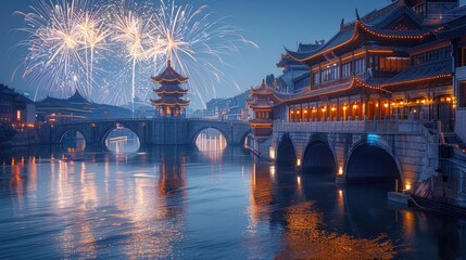 Fototapeta premium temples, bridges and typical chinese architecture with fireworks in the sky on new year's eve 
