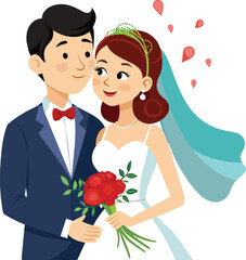 Wedding Couple Holding Flower Bouquet Isolated Editable file
 