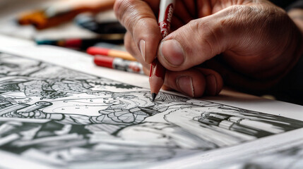 Comic book artist hand is seen drawing a picture on white 11 × 17" bristol board. The picture has a black outline. The hand is holding a red pen and other tools can be seen in the background.