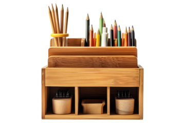 Wooden Pencil Holder with Colored Pencils and Pen