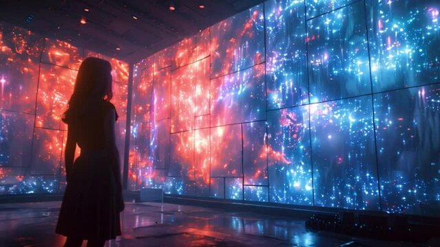 A woman stands in a darkened room before a wall of holographic stage sets, seemingly a part of a virtual drama class.