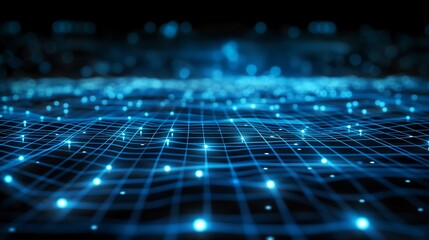 A glowing fiber optic grid representing hyper-connected devices in a contemporary network is used to represent a futuristic communication grid with copy space.