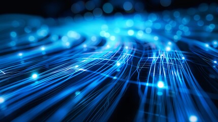 A glowing fiber optic grid representing hyper-connected devices in a contemporary network is used to represent a futuristic communication grid with copy space.