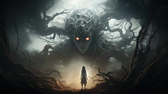 Fantasy Art of a Girl Confronting a Nightmarish Creature Comprised of Trees
