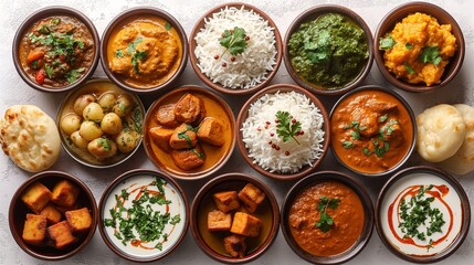 Top view assortment of Indian dishes, such as momos and butter chicken curry, isolated on a white background