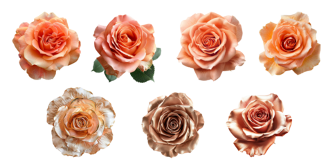 Collection of seven beautiful peach and coral roses in full bloom, isolated on white background. Perfect for floral designs and romantic themes.