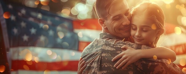 A veteran hugging their family at a homecoming ceremony, with an American flag in the background, Vintage, Warm tones, Illustration, Highly detailed, emotional scene