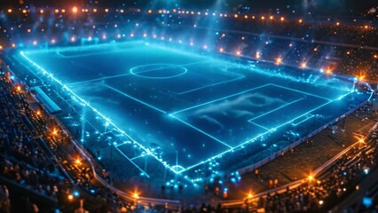 A night football game with a glowing holographic replay of the field and players.