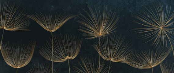 Luxury art background with dandelion flowers in golden line art style hand drawn. Botanical banner with floral pattern for decor, print, wallpaper, textile, poster, interior design.