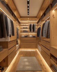 Contemporary men's walk-in closet with minimalist layout, providing ample space for hanging clothes, shelves, and drawers for organized storage. Luxury interior design