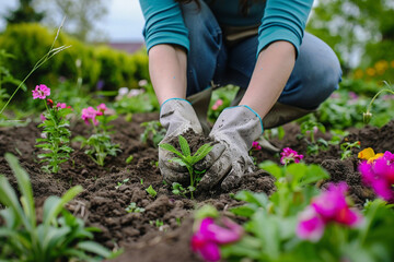 Fototapeta premium A gardener planting flowers. gardener planting flowers garden nature soil tools outdoors green horticulture.