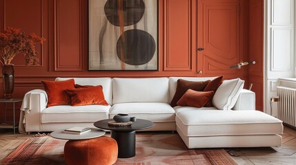 Scandinavian-style modern living room interior design: White corner sofa with terra cotta cushions near round coffee table by paneling wall with art poster