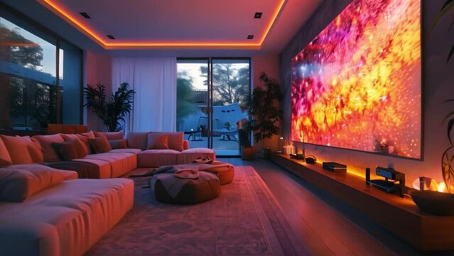 A modern home theater with a large screen displaying a holographic projection of a colorful nebula, surrounded by comfortable seating and ambient lighting.