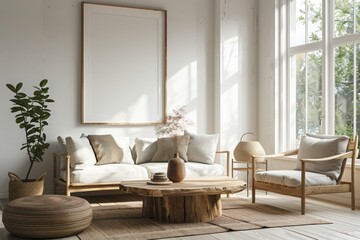 Obraz premium Scandinavian home interior design: Modern living room with round wooden coffee table near sofa and armchair against window and wall with blank mockup poster frame