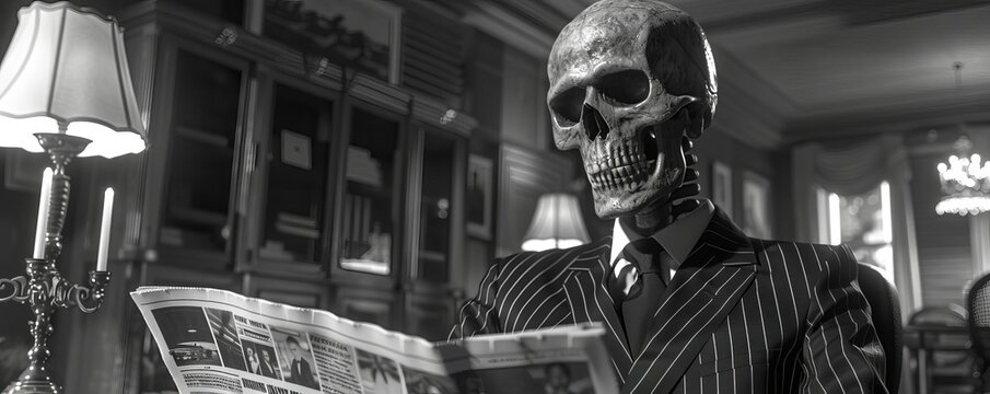 Skeleton in a pinstripe suit, reading a financial newspaper, classic office, monochrome, photorealistic