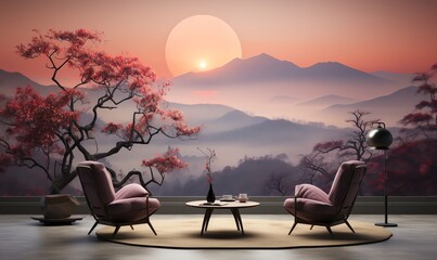 Peaceful Living Room with Mountain View Wallpaper