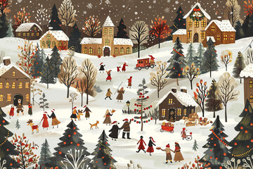 Festive Winter Village with Snow-Covered Houses - Charming Holiday Scene with Warm Light and Nostalgic Feel