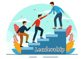 Business Leadership Vector Illustration with A Businessman Leader Helping the Team Develop Themselves to Achieve Success in a Flat Cartoon Background