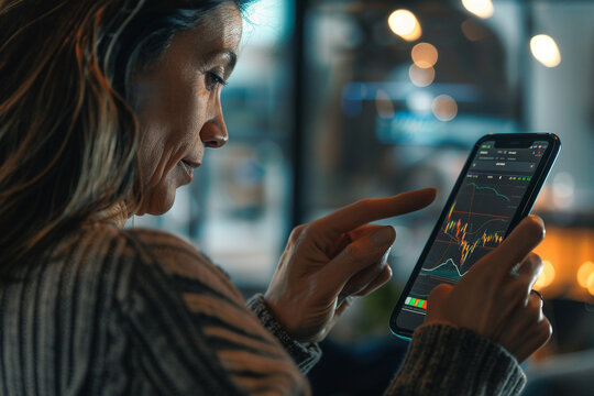 A woman checking her investment portfolio on a smartphone. woman checking