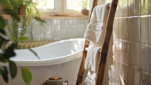 A wooden ladder used as a towel rack in the bathroom adding a touch of charm and functionality.