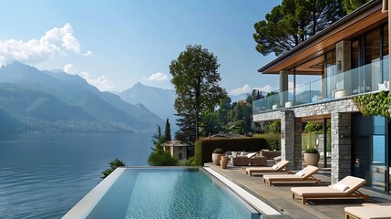 Obraz premium A Beautiful hotel with a view of the mountains and a lake. Stunning views