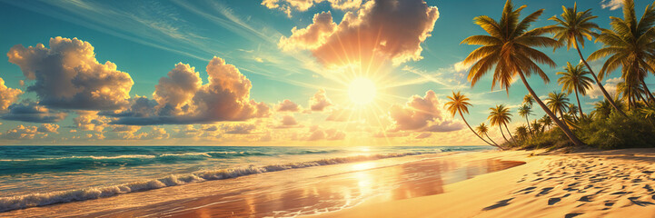 A beautiful sunset scene at the beach, with palm trees and clouds in the sky.