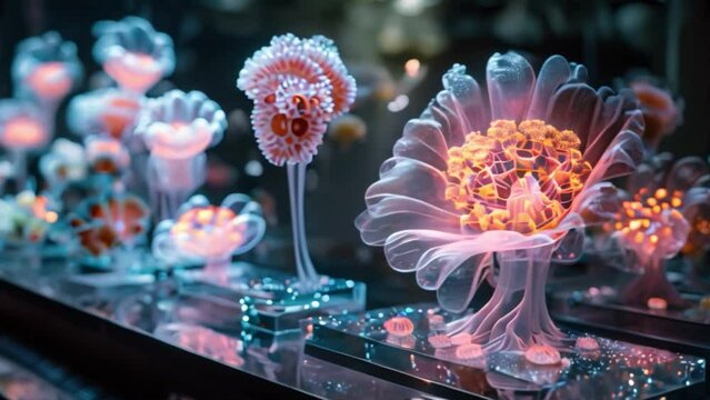A close-up view of holographic 3D models of organisms displayed on a table in a biology classroom.