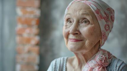 Grandma patient cancer smile on background realristic photo in studio for advertising.