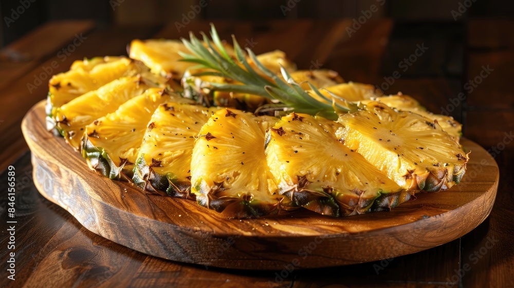 Wall mural slices of pineapple on a wooden platter