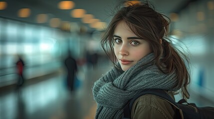 tourist woman wearing a tourist backpack on his back, was at the airport. AI Generative  