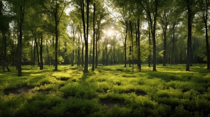 Fototapeta premium Serene view of a lush green forest with sunlight filtering through trees