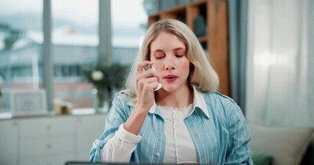 Woman, inhaler and asthma pump for breath, health in wellness for medical condition in house. Female person, sick and tight chest with allergy medication, pharmaceuticals or cure in lounge or home - Powered by Adobe