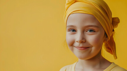 Kids girl patient cancer smile on background realristic photo in studio for advertising.