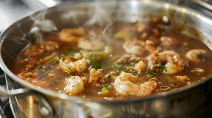 A pot of steaming seafood gumbo simmers on the side adding a touch of Southern comfort to the tropical atmosphere.