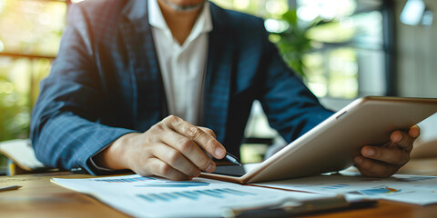 Executive Using Tablet for Data Review in Office Environment"
"Business Professional Analyzing Reports with Digital Device