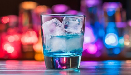 Ice in a transparent glass cup. Colorful ice, colorful background