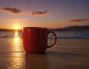 Two red coffee cup on table at sunset