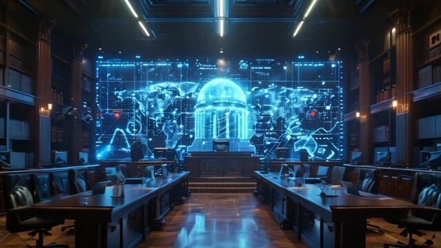 A futuristic courtroom setting featuring holographic projections and virtual reality technology, providing an immersive learning experience.