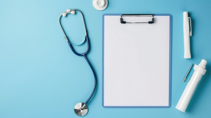 Blank medical clipboard with stethoscope on blue background. Medical banner template with copy space, header mockup. Healthcare and medical concept