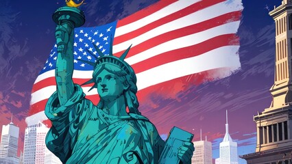 Naklejka premium American Independence Day flag creative patriotic background with liberty statue