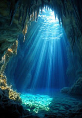 A breathtaking underwater cave, illuminated by sunlight streaming through the top, creating a stunning play of light and shadow on the stalactites and stalagmites.