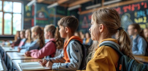 Obraz premium portrait of schoolchildren of primary school sitting at desks in classroom. Back to school concept.