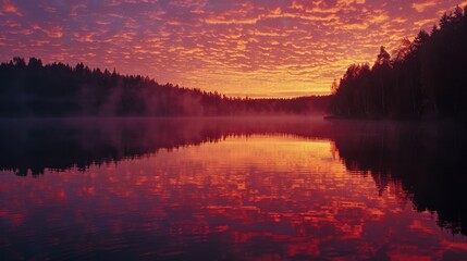 Reddish sky reflecting on a lake during the twilight hours